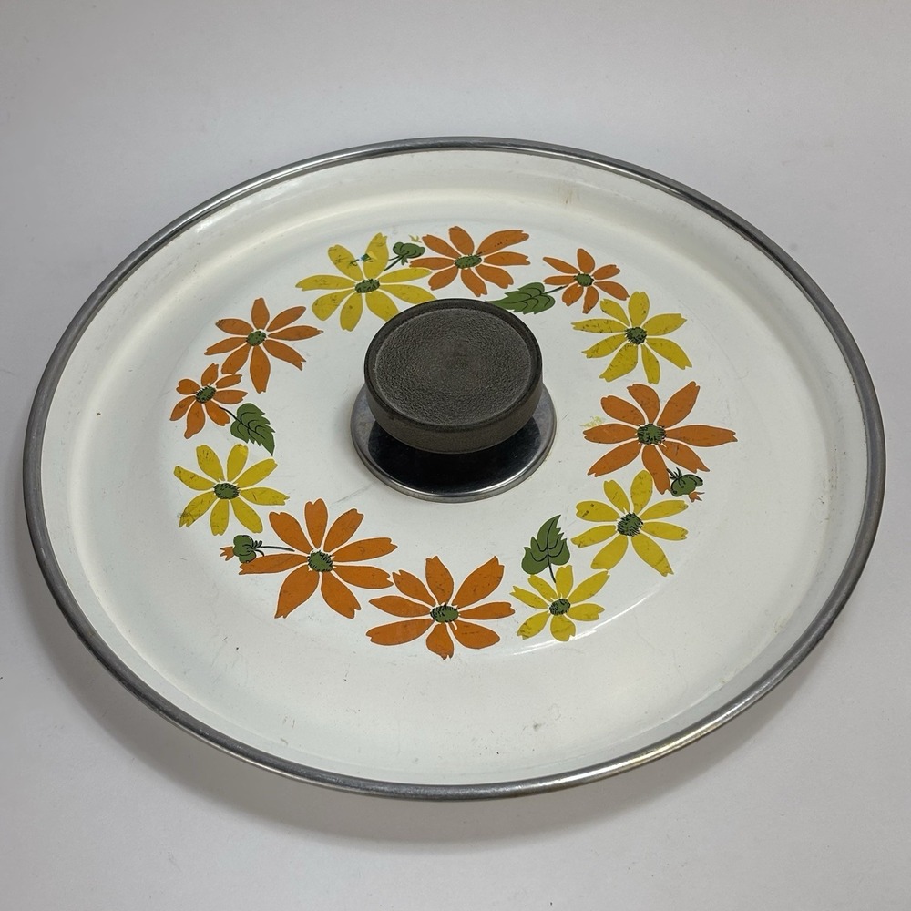 Ekco Country Garden Enamel 9" LID ONLY White With Orange And Yellow Flowers